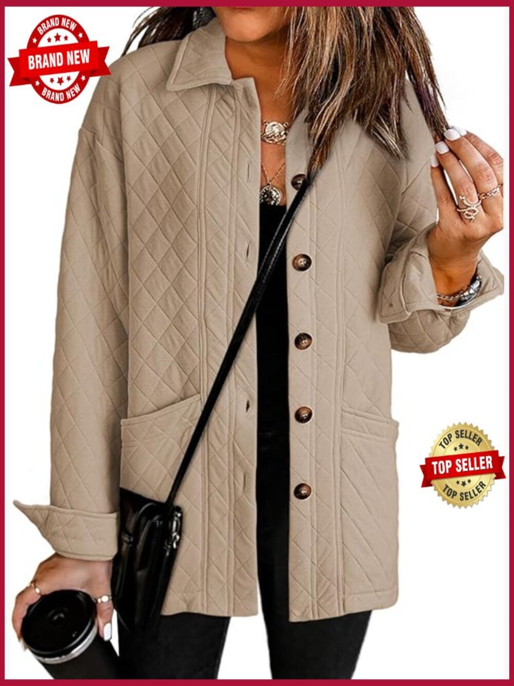 Quilted Lightweight Button Down Collared Long Sleeve Coat with Pockets